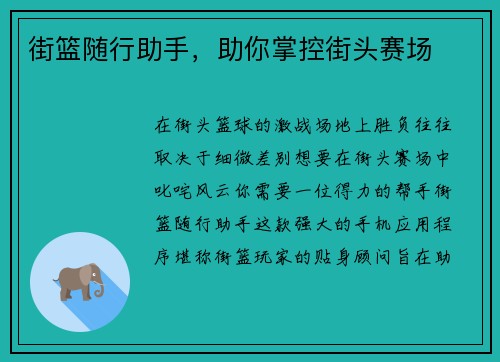 街篮随行助手，助你掌控街头赛场